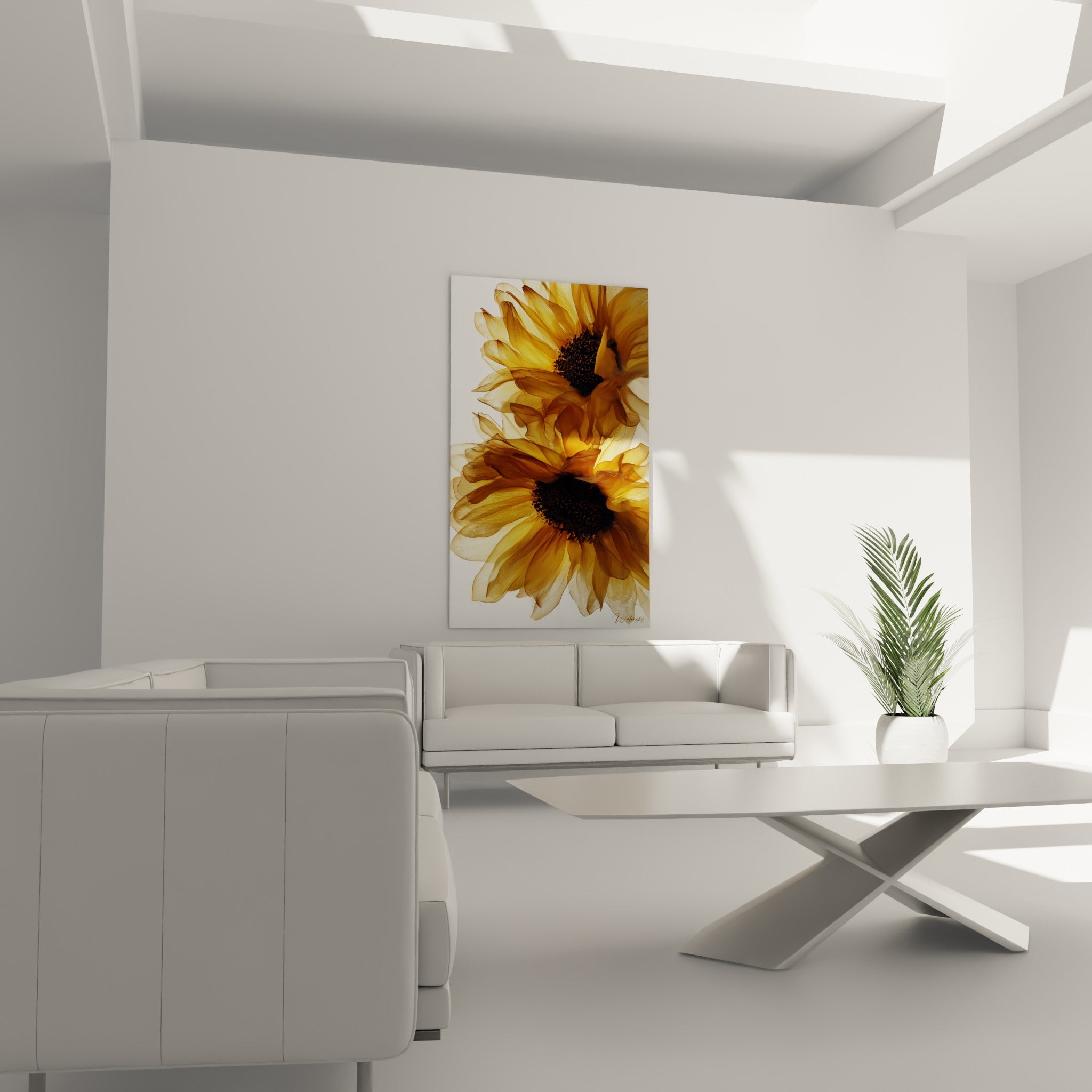 Pétales ambrés et cœur sombre du tournesol suspendus au-dessus d'un canapé dans un salon lumineux
