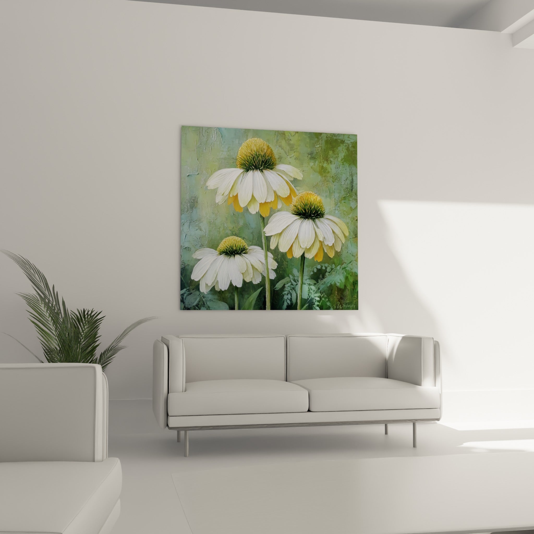 Fleurs blanches à cœurs dorés texturés au-dessus d'un canapé dans un salon lumineux