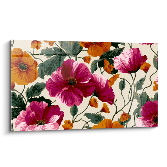 Coquelicots fuchsia et safran aux pétales ouverts sur fond crème, style aquarelle botanique