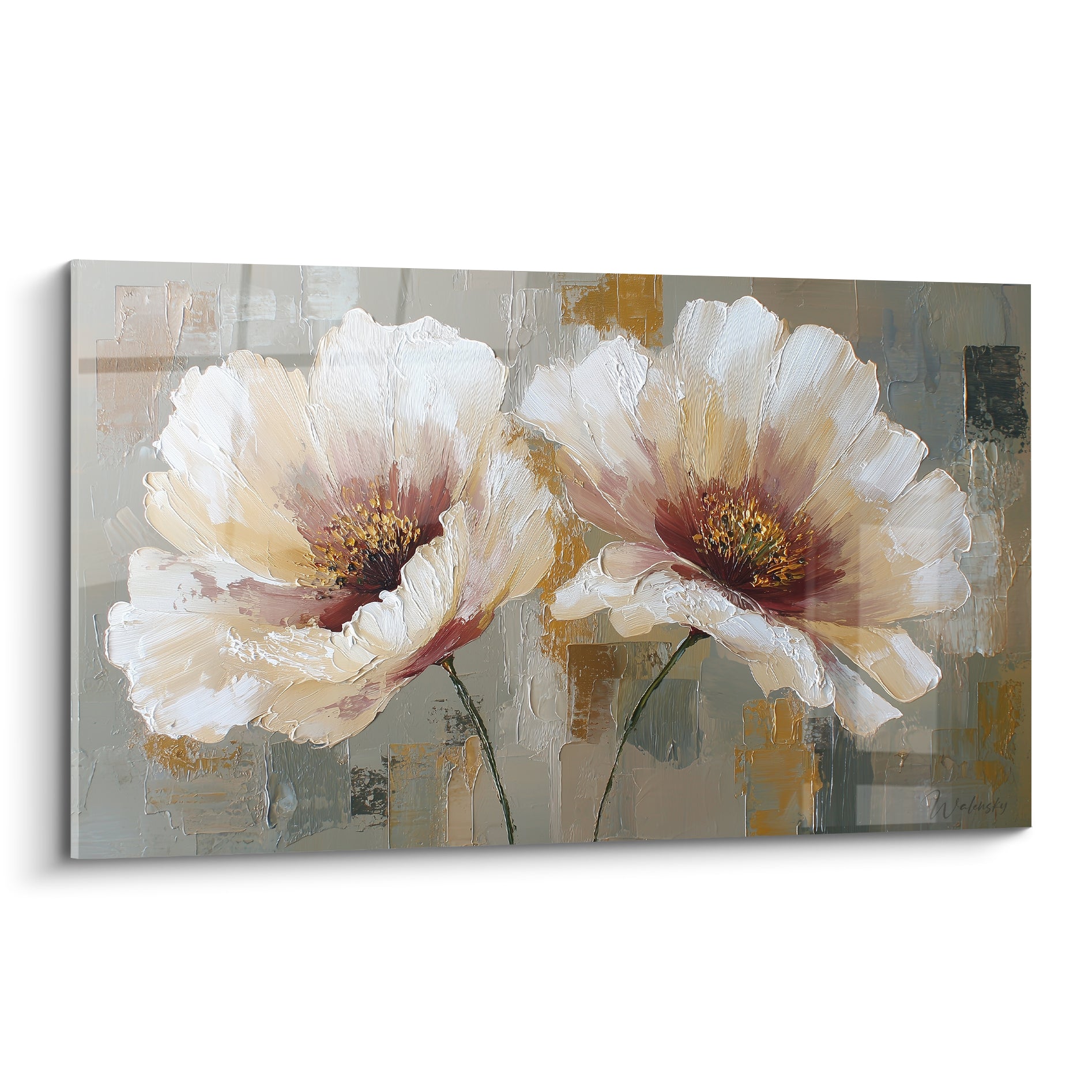 Coquelicots blancs aux cœurs bordeaux et touches dorées, texture peinte au couteau, fond gris anthracite