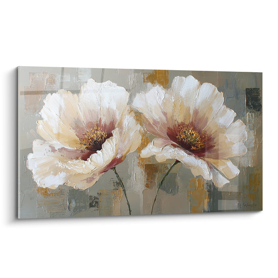 Coquelicots blancs aux cœurs bordeaux et touches dorées, texture peinte au couteau, fond gris anthracite