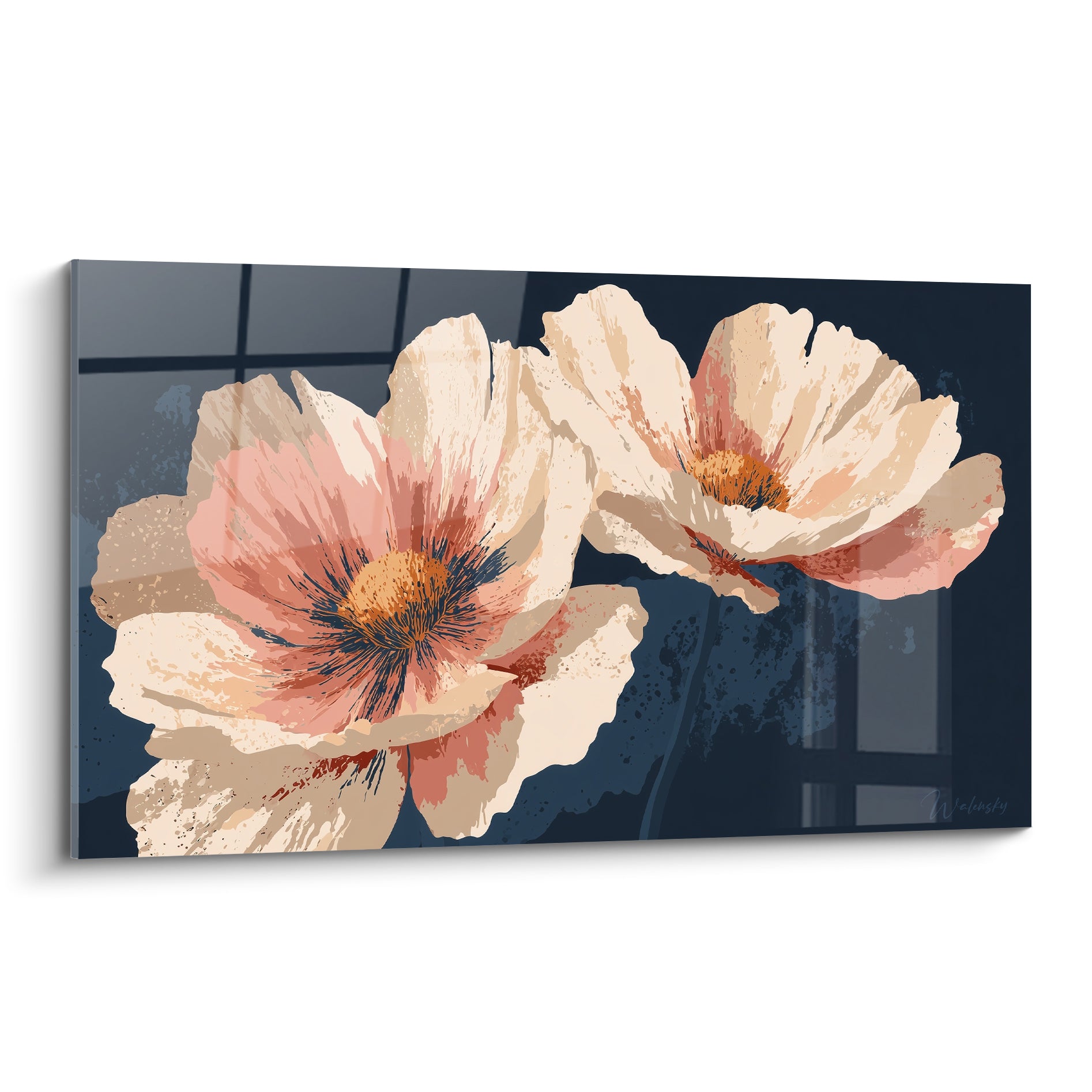 Coquelicots crème et bleu marine aux cœurs orangés, style aquarelle sur fond nocturne