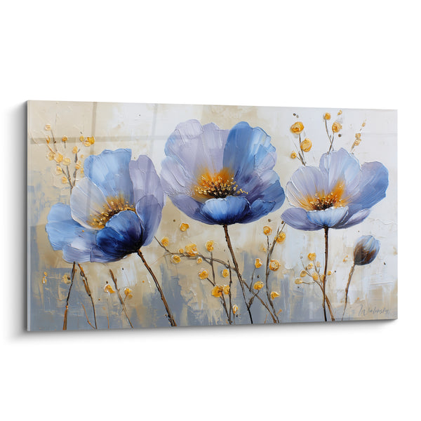 Tableau Coquelicots bleus et dorés aux tiges graciles - Bourgeon en attente - Edition fleur nature