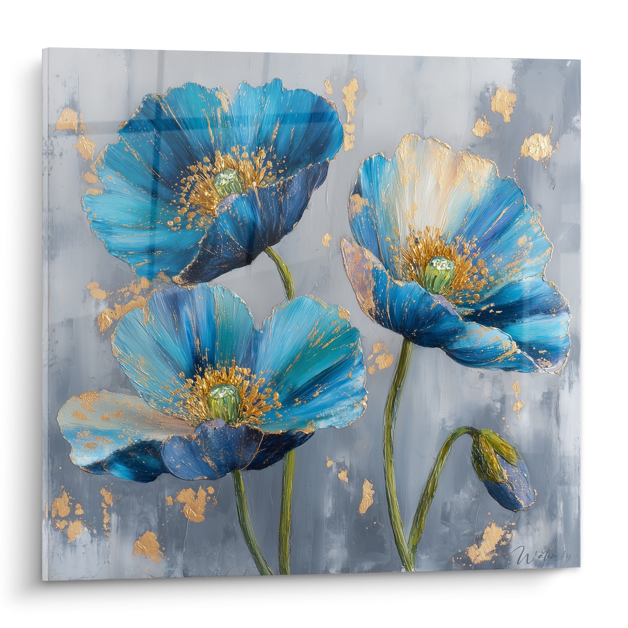 Coquelicots bleu marine et turquoise aux étamines dorées sur fond gris texturé