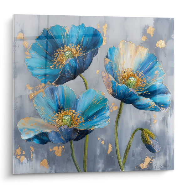 Tableau Coquelicots bleus aux éclats dorés - Éveil du jardin - Edition fleur nature