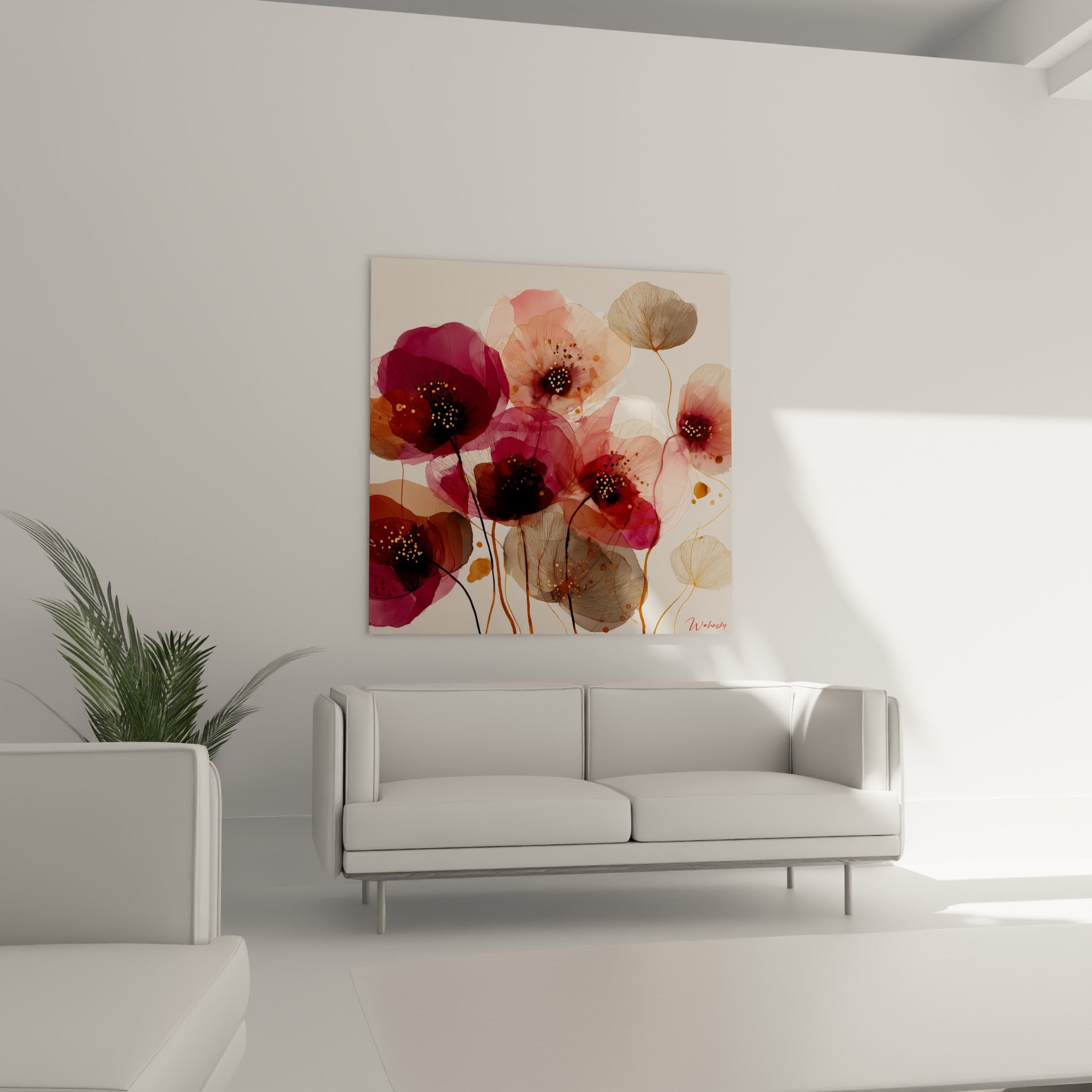 Fleurs de coquelicots bordeaux et taupe aux touches dorées au-dessus d'un canapé dans un salon lumineux