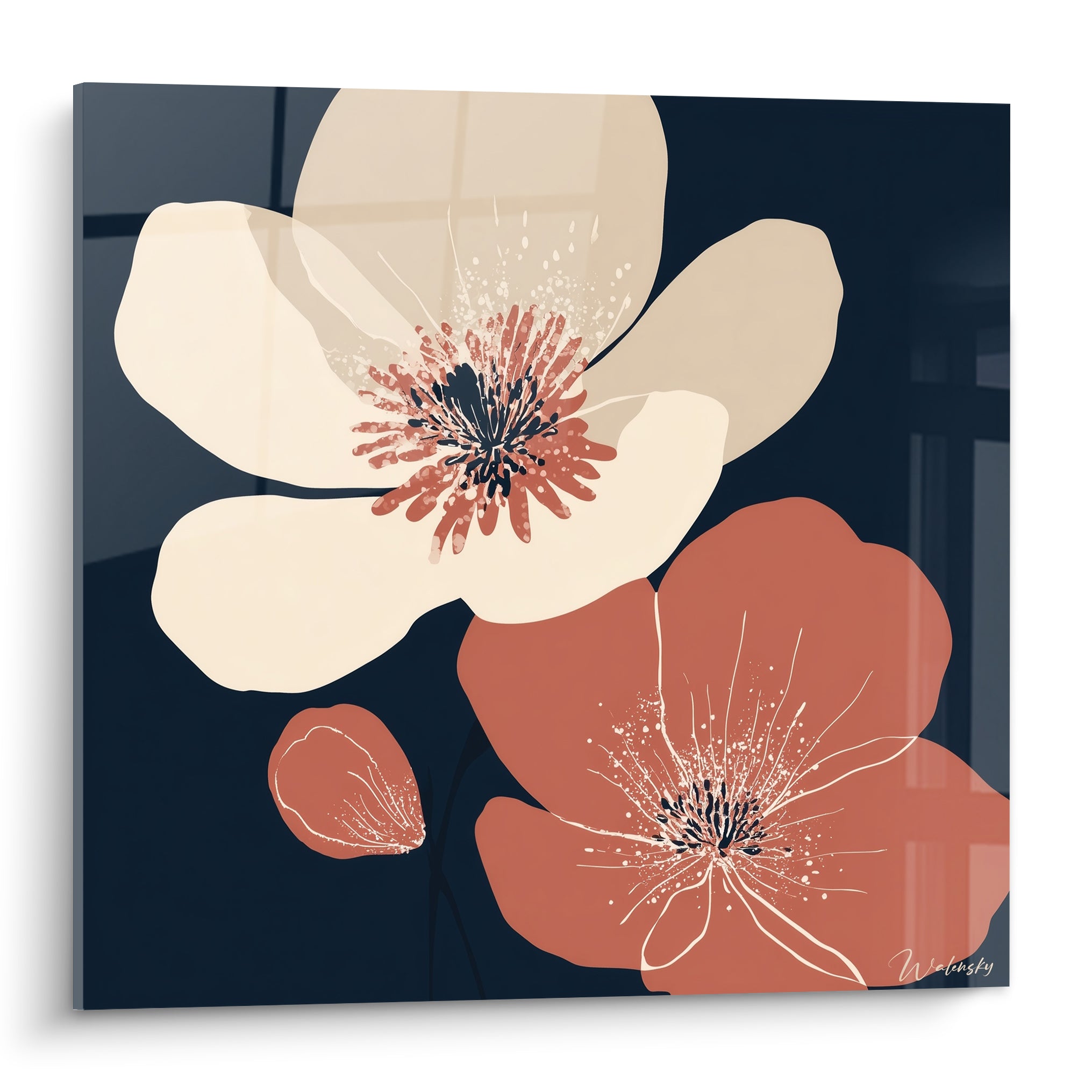 Fleurs crème et terracotta déployées sur fond bleu marine, style graphique et lumineux