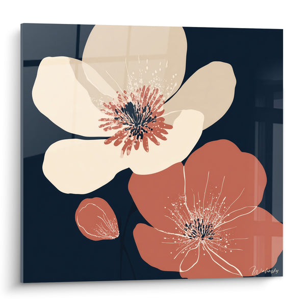 Tableau Coquelicots crème et terracotta sur fond marine - Éclosion nocturne - Edition fleur nature