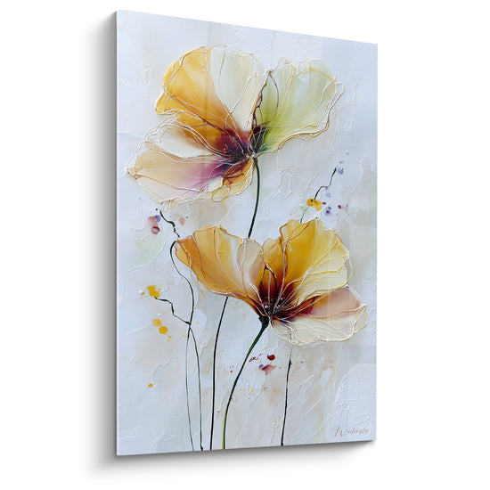 Tableau Coquelicots jaune et blanc aux nervures filigranées - Éclaboussures dorées sur fond texturé - Edition fleur nature