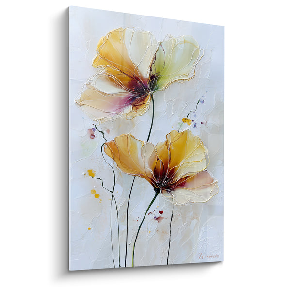 Tableau Coquelicots jaune et blanc aux nervures filigranées - Éclaboussures dorées sur fond texturé - Edition fleur nature