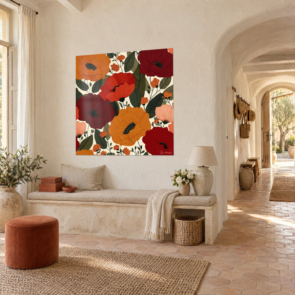 Schilderij boeket klaprozen in lijntekening, safraanoranje en granaatrode bloemblaadjes, trossen kleine bloempjes, gewelfde gang van een Provençaalse boerderij