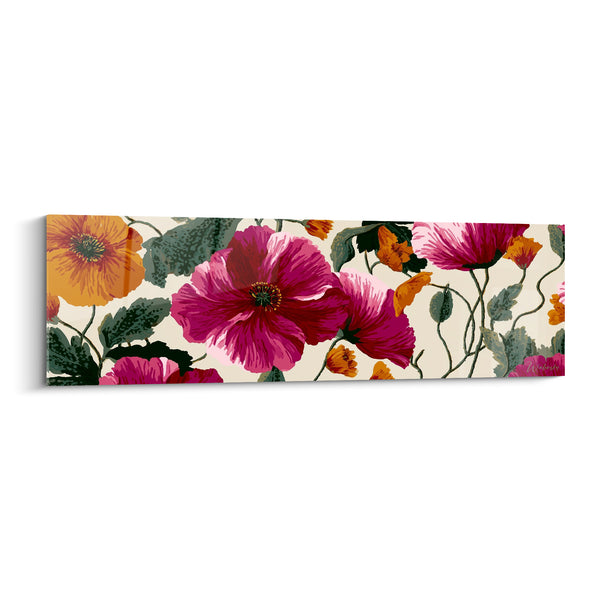 Tableau Coquelicots magenta et orange aux boutons allongés - Panorama végétal illustré - Edition fleur nature