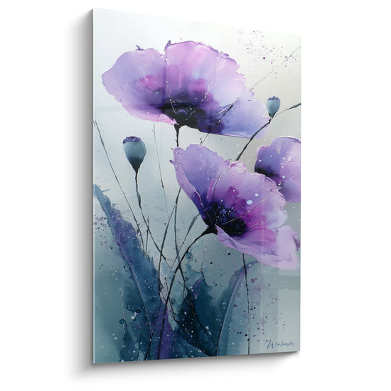 Tableau Coquelicots mauve et bleu ardoise sur fond givré - Boutons fermés graphiques - Edition fleur nature
