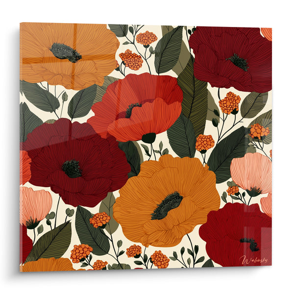 Tableau Coquelicots ocre et rouge grenat illustrés - Éclosion estivale - Edition fleur nature