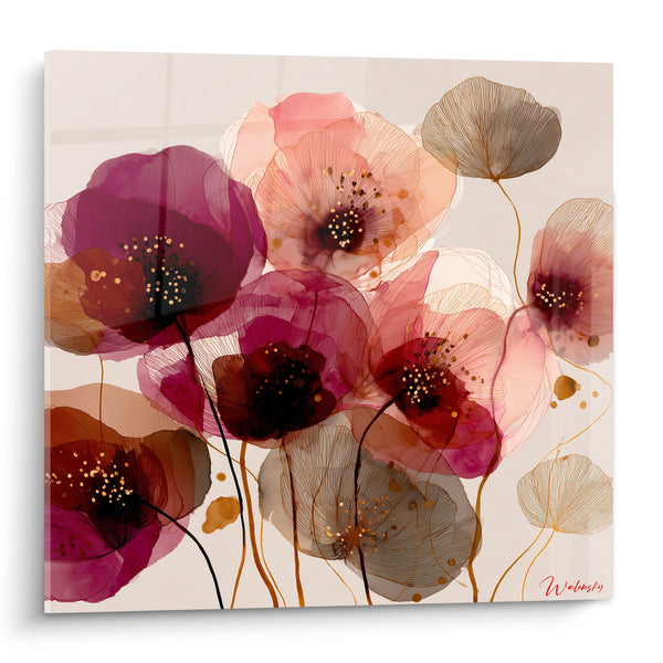 Tableau Coquelicots pourpre et taupe translucides - Souffle floral suspendu - Edition fleur nature
