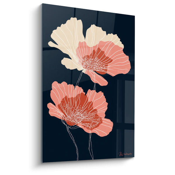 Tableau Coquelicots corail et ivoire aux tiges filiformes - Nervures blanches entrelacées - Edition fleur nature