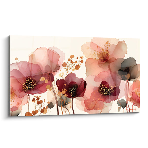 Tableau Coquelicots roses aux touches dorées - Jardin en transparence - Edition fleur nature