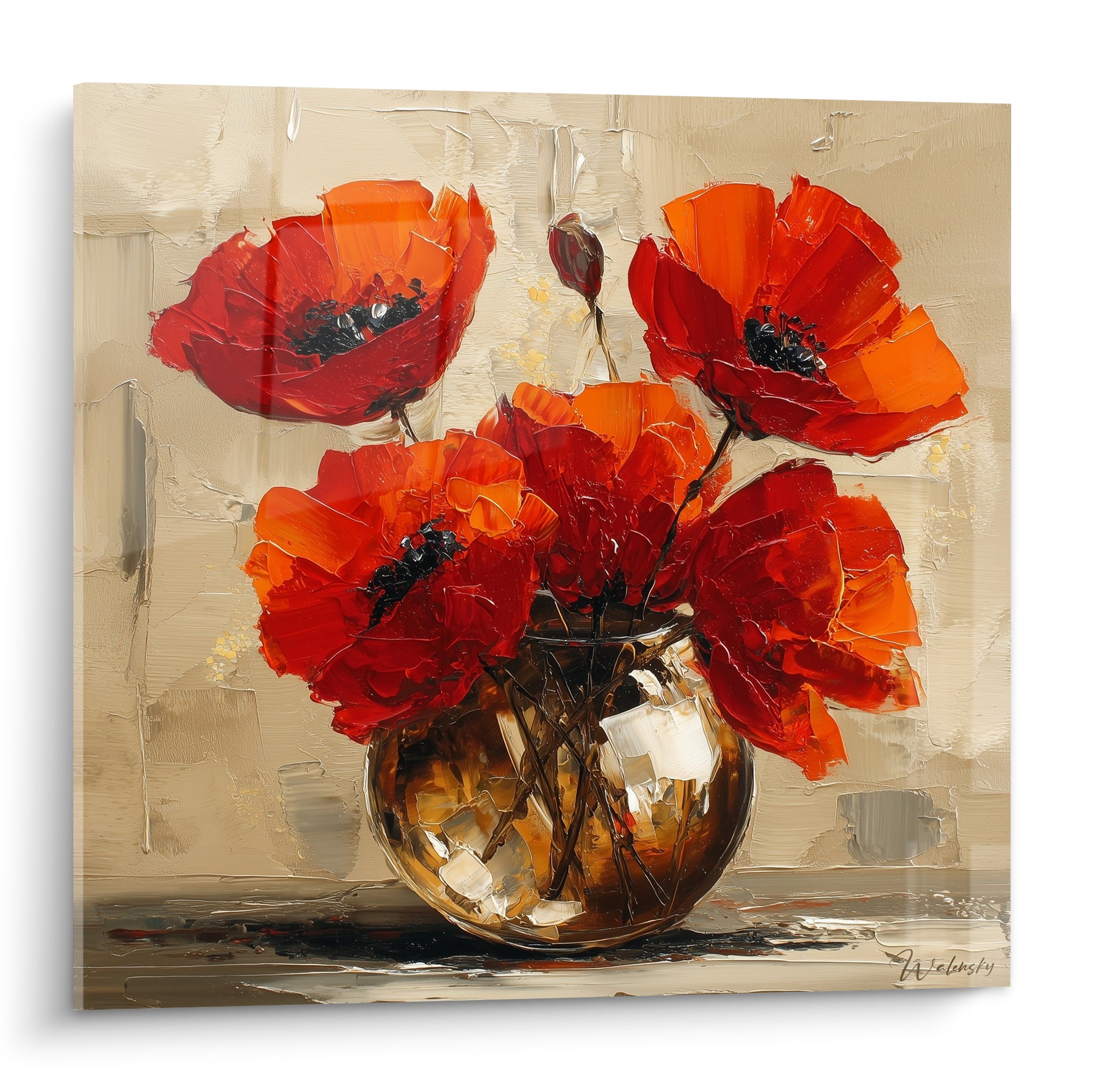 Coquelicots rouge et orange peints au couteau dans un vase doré sur fond beige texturé