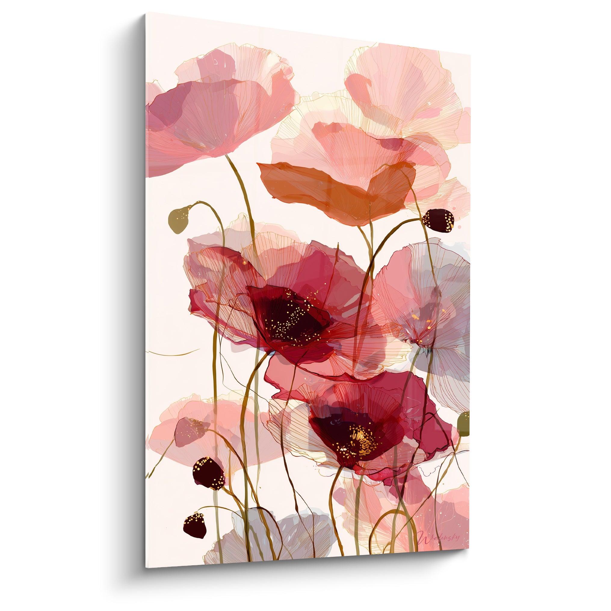 Coquelicots rouge bordeaux et rose poudré aux tiges fines sur fond ivoire lumineux