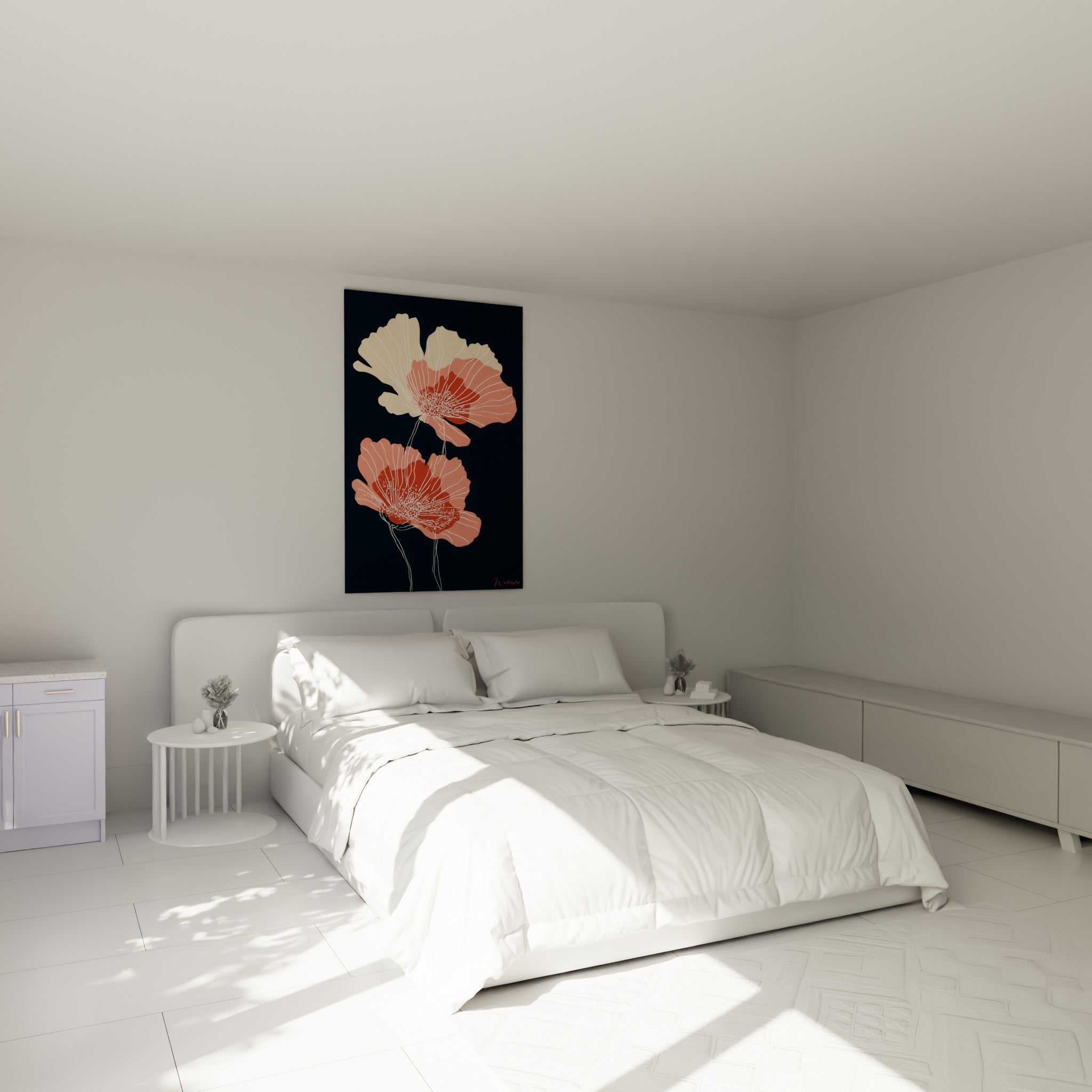 Fleurs de coquelicot terracotta et blanc crème au-dessus d'un lit dans une chambre claire