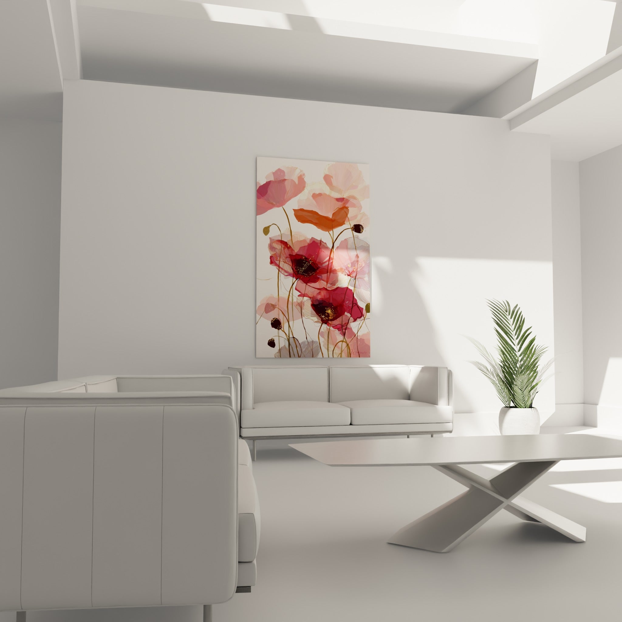 Pétales de coquelicot rouge et rose délicatement dessinés au-dessus d'un canapé dans un salon lumineux