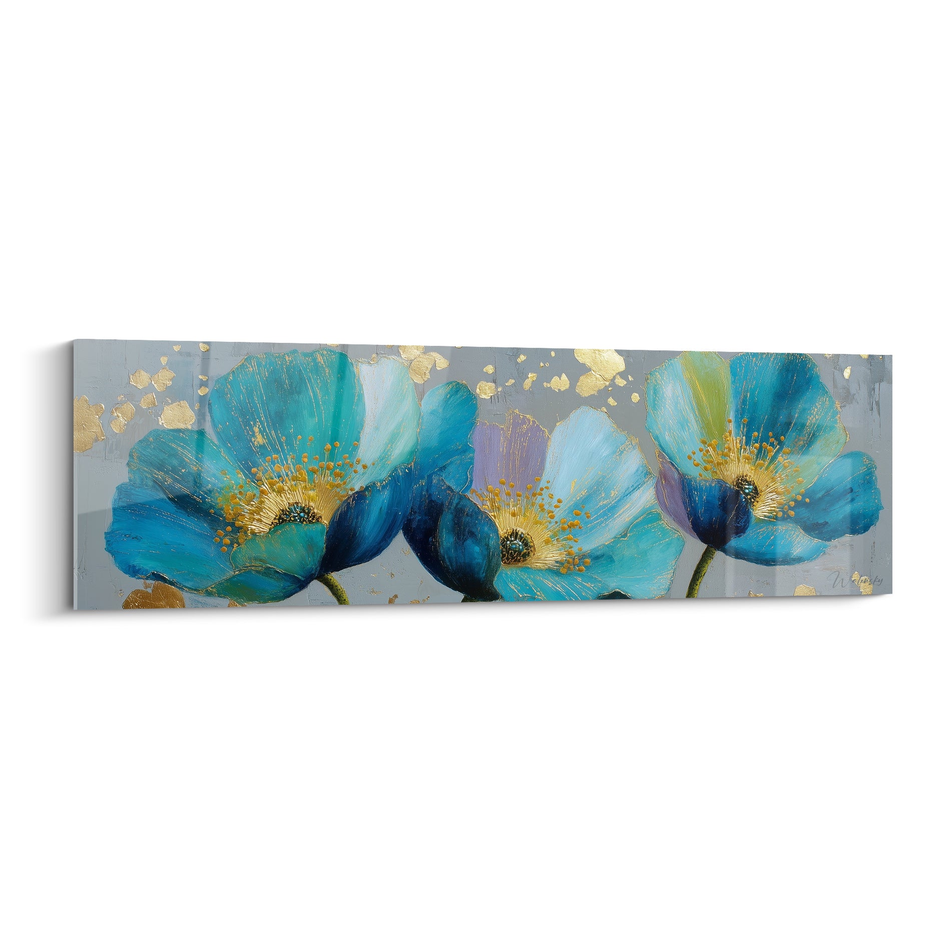 Coquelicots turquoise et gris perle aux cœurs dorés, pétales texturés en pleine floraison