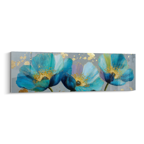 Tableau Coquelicots bleu turquoise et gris perle éclaboussures dorées - Étamines safran texturées - Edition fleur nature