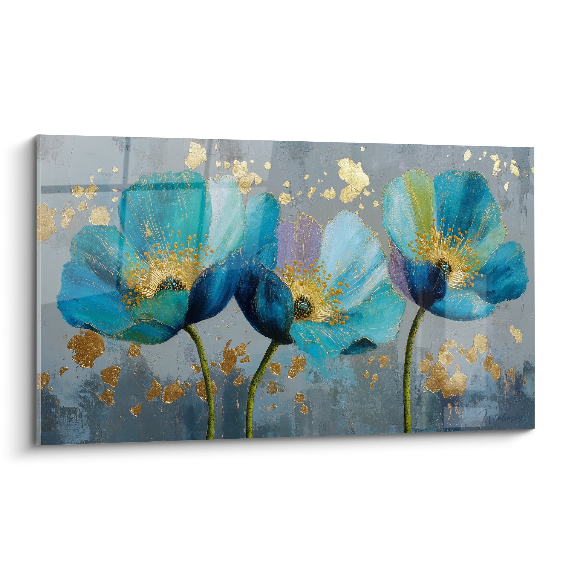 Coquelicots turquoise et bleu marine aux cœurs dorés, peinture texturée sur fond gris anthracite