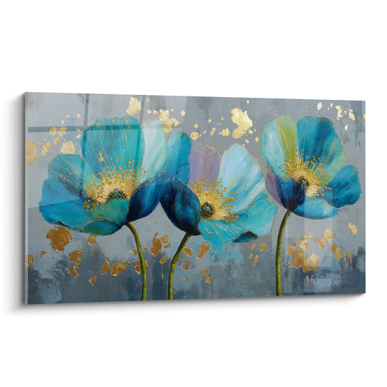 Coquelicots turquoise et bleu marine aux cœurs dorés, peinture texturée sur fond gris anthracite
