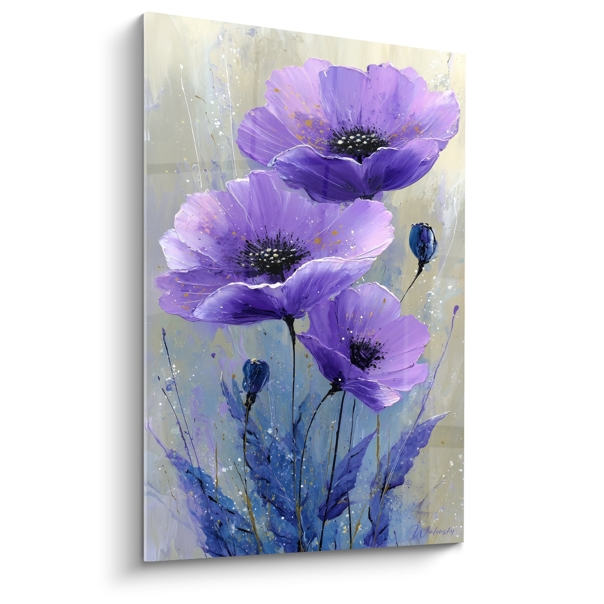 Coquelicots violets et lavande aux tiges bleu marine, cœurs noirs, fond beige texturé