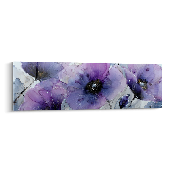 Tableau Coquelicots violets aux cœurs noirs veloutés - Rosée sur pétales - Edition fleur nature