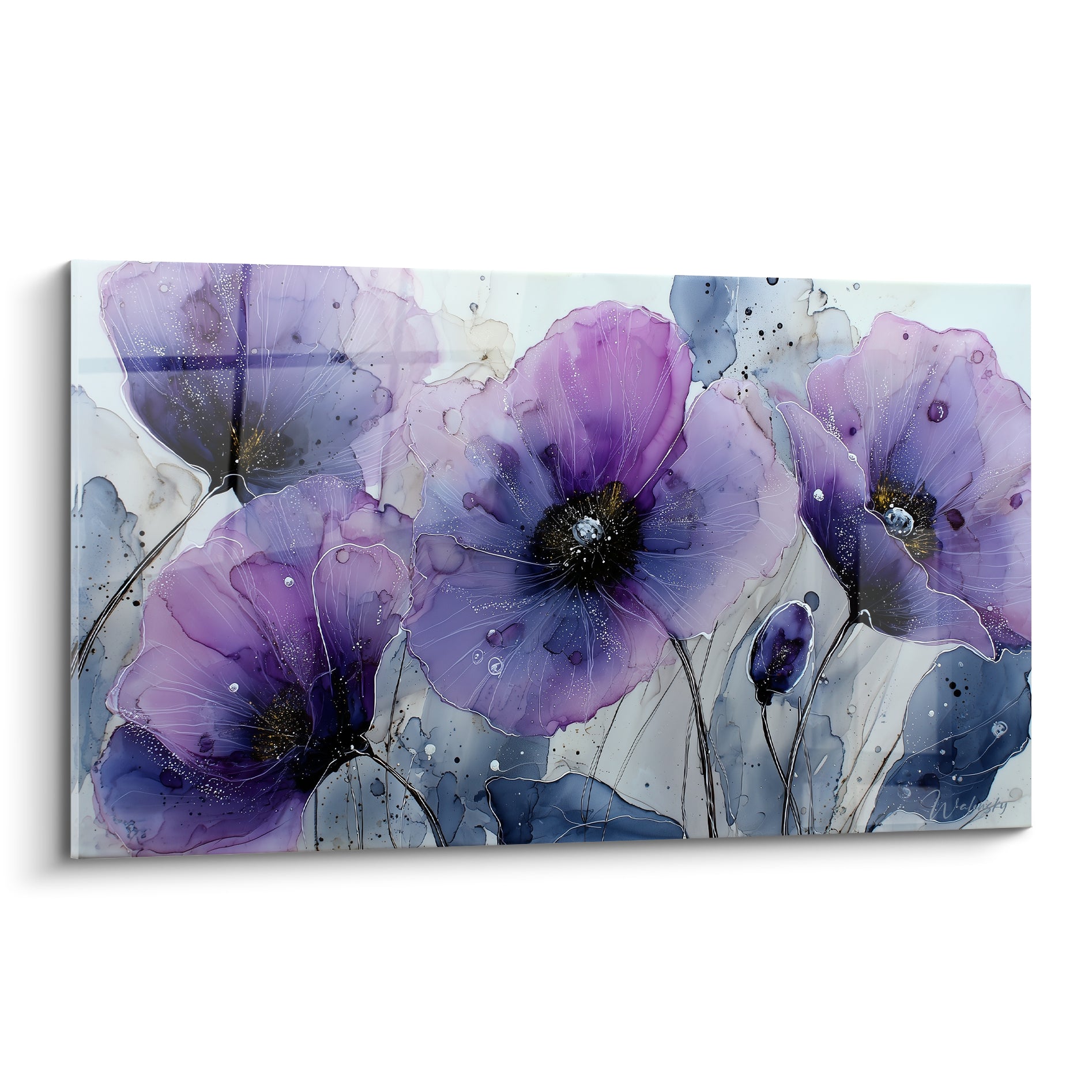 Coquelicots violets et bleu anthracite aux pistils dorés, pétales translucides finement veinés