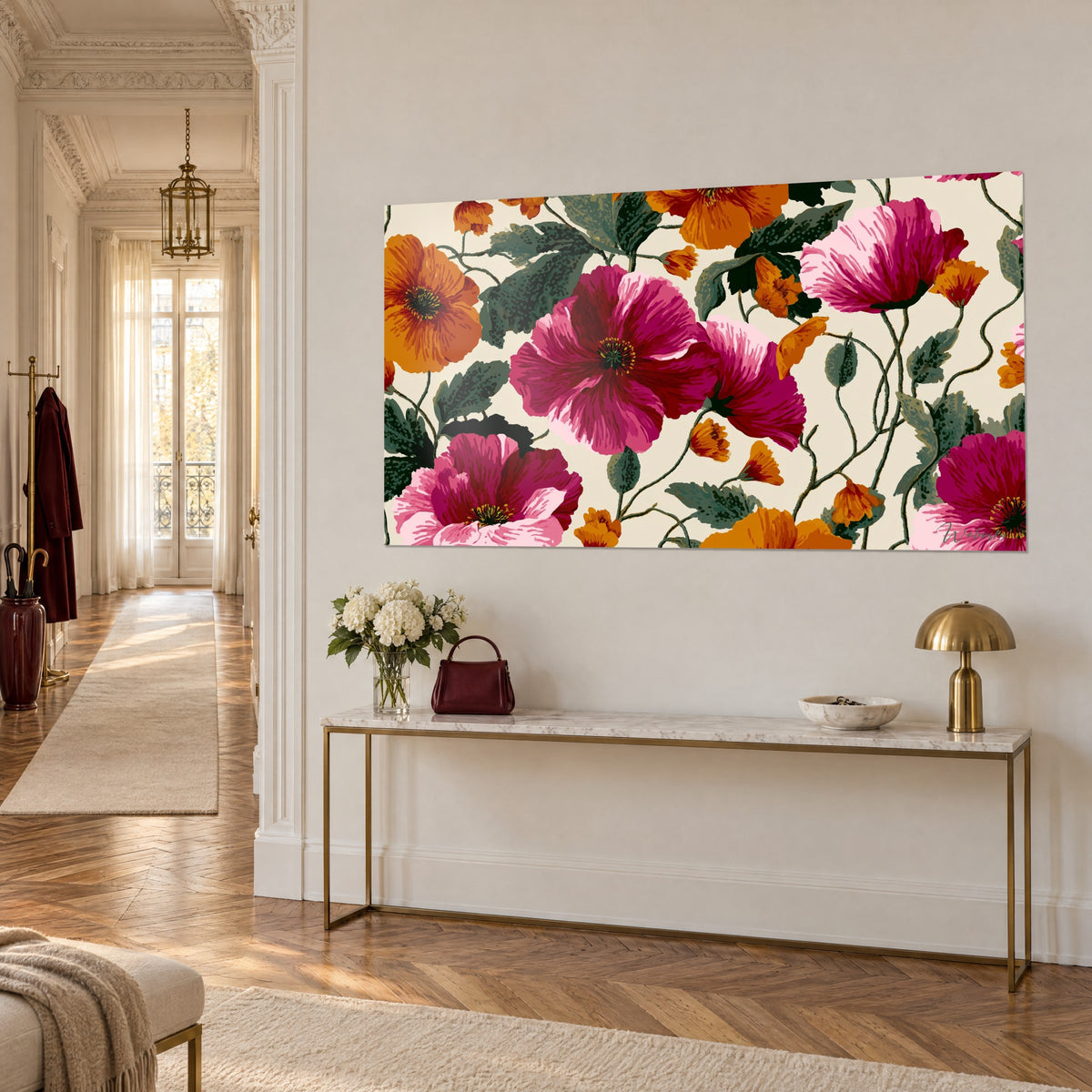 Wall art magenta and burnt orange poppies, fir-green foliage on an ivory background, hung above a gilded console table