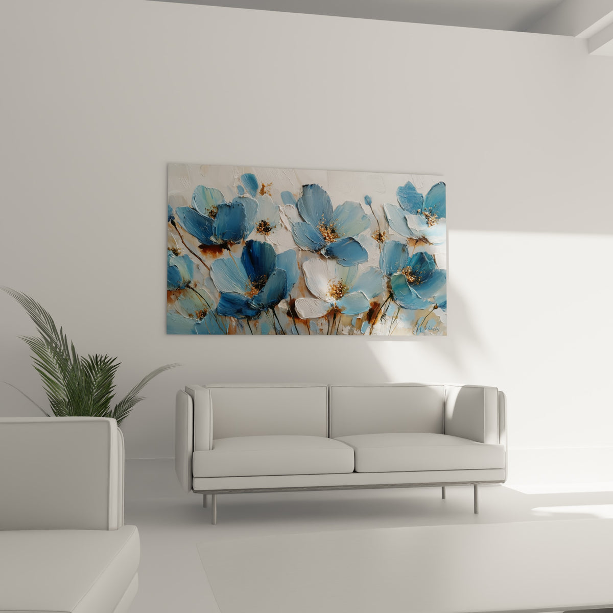 Corolles bleues et terracotta empâtées, disposées au-dessus d'un canapé dans un salon lumineux
