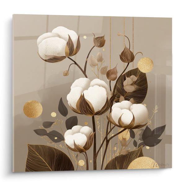 Tableau Fleurs de coton beige et doré - Douceur automnale - Edition fleur nature