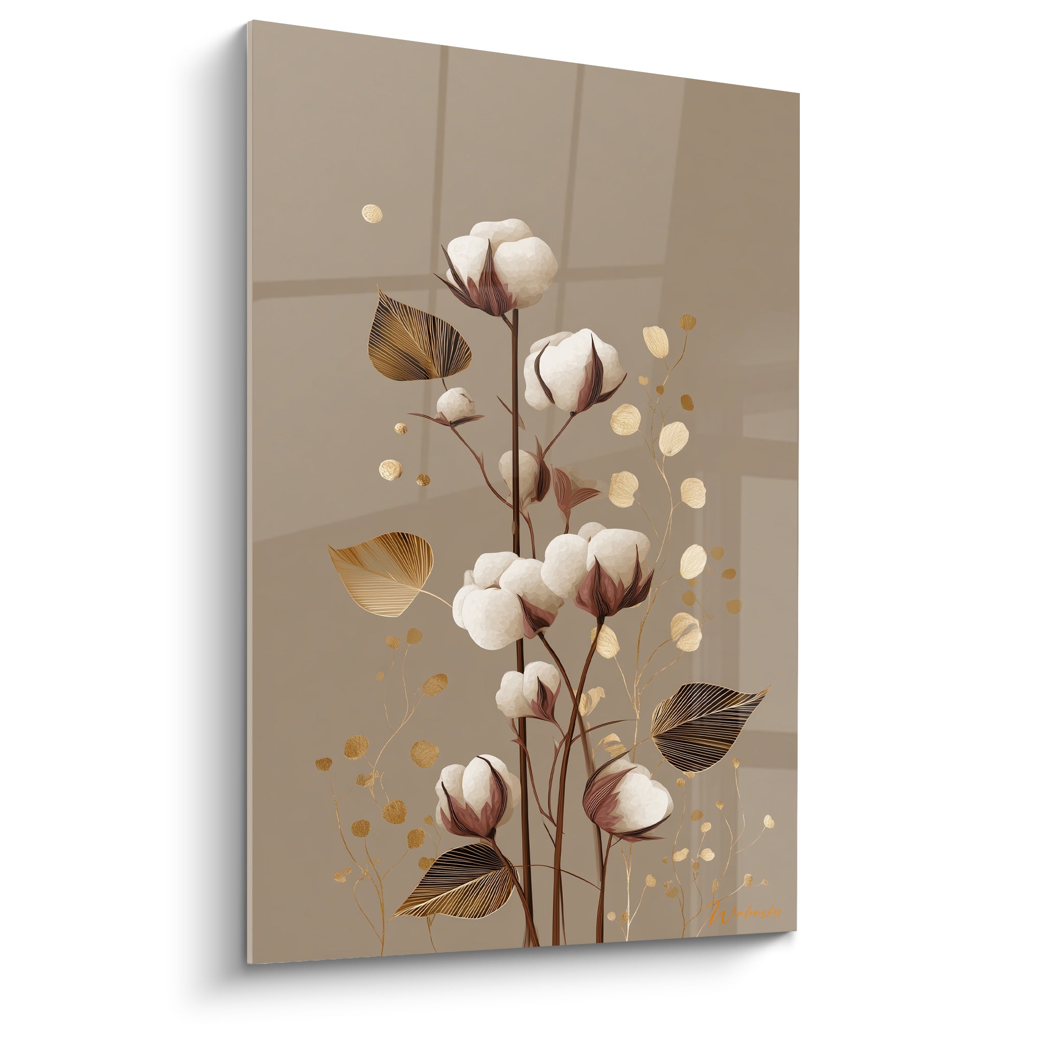 Fleurs de coton blanc et feuilles dorées sur fond taupe, composition botanique élégante