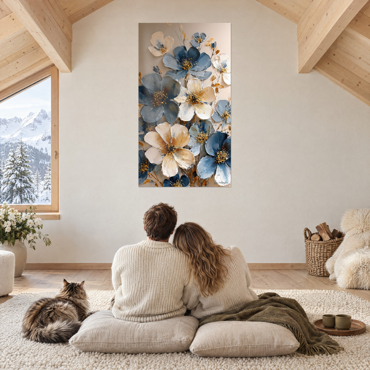 Gemälde mit dichter Anemonenblüte in Denimblau und Creme, gelbe Staubgefäße, gegenüber einem Paar von hinten und einer Maine Coon