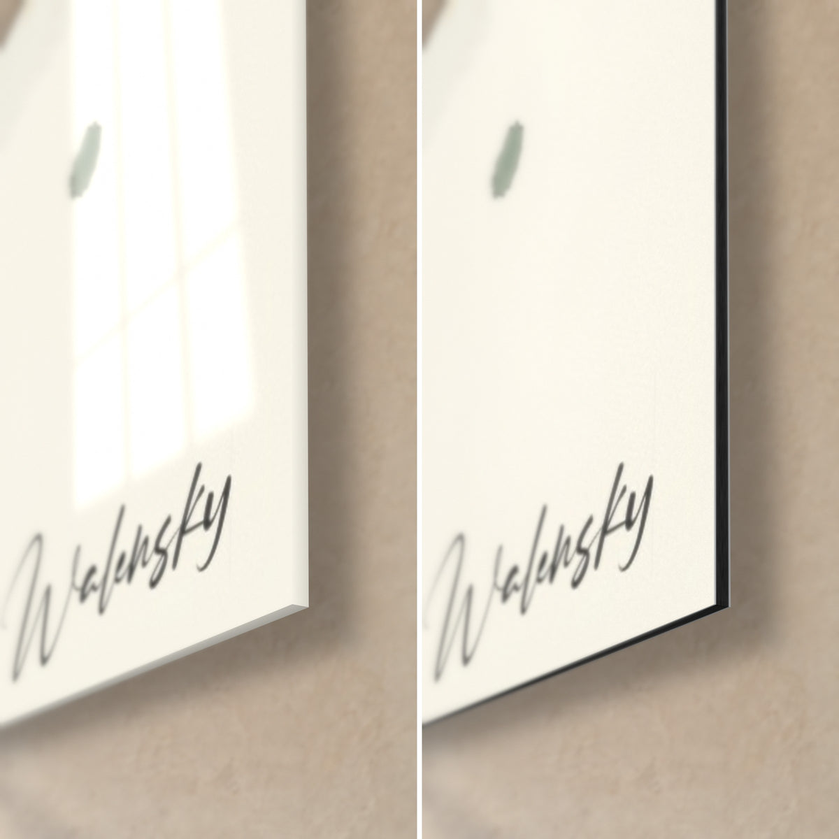 Schilderij aquarelrozen, zwarte Walensky-handtekening op crèmekleurige achtergrond, rechteronderhoek in glanzend glas en mat Dibond-aluminium