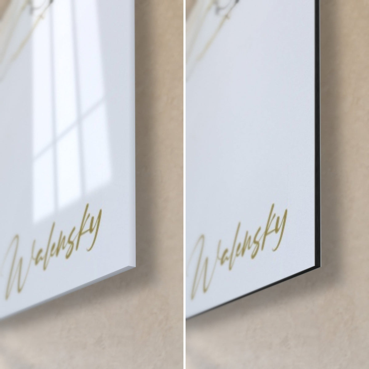 Gemälde elfenbeinfarbene und goldene Blüten, untere rechte Ecke: glänzendes Acrylglas links, matte Dibond-Aluminium rechts, 3 mm Kante