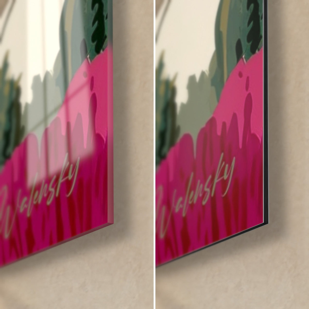 Wall art poppies in panoramic format, bottom right corner of a solid magenta piece signed Walensky, glossy glass on the left and matte Dibond on the right