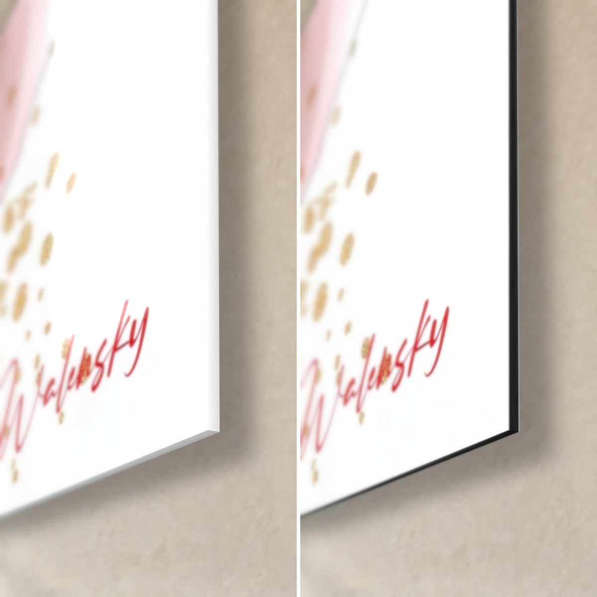 Schilderij met rode en roze bloemen, rechtsonder: karmijnrode signatuur op het glanzende glas en het matte Dibond, rand van 3 mm