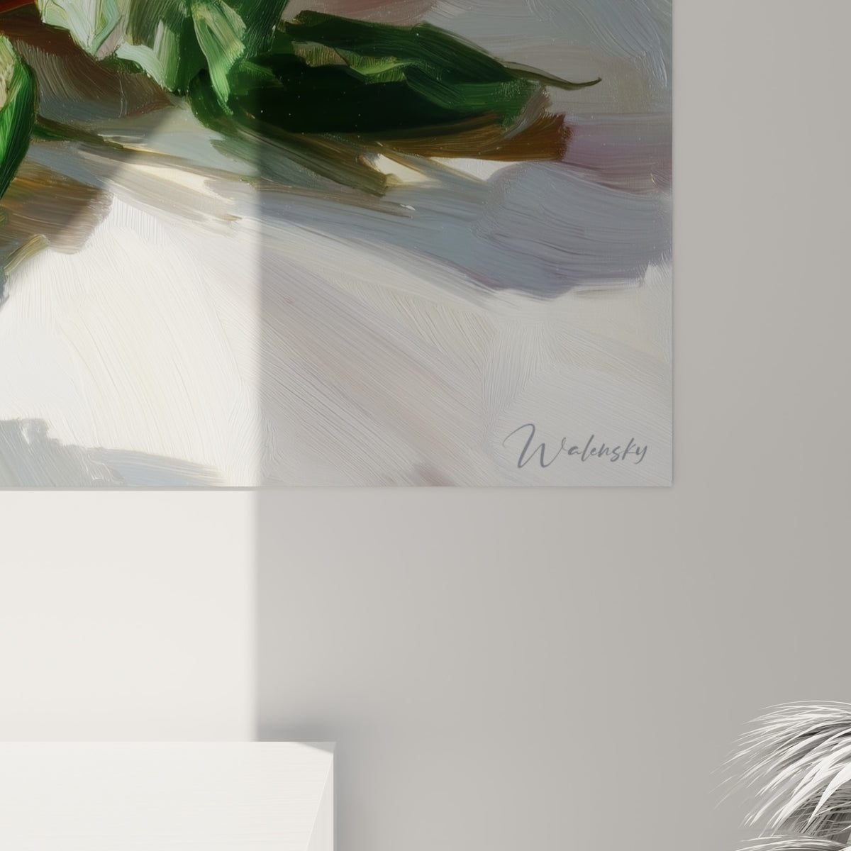 Empâtements de peinture rouge et vert visibles de près, matière épaisse et coulures sur le tissu blanc