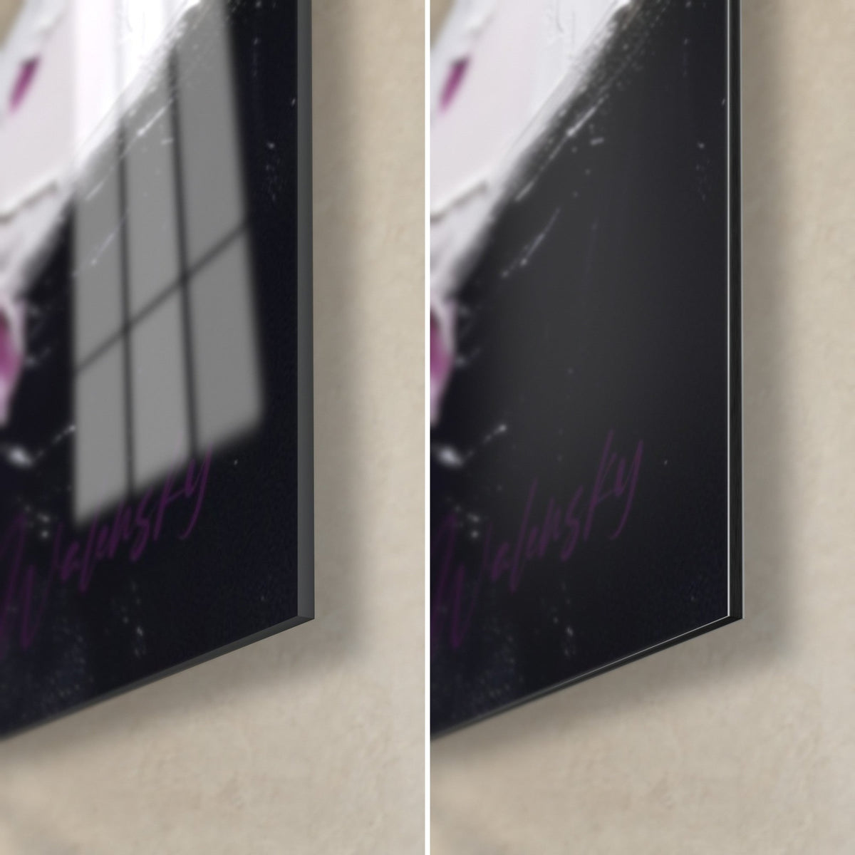 Wall art Palette-knife roses, bottom right corner: glossy acrylic glass on the left, matte black Dibond on the right, 3 mm edge visible