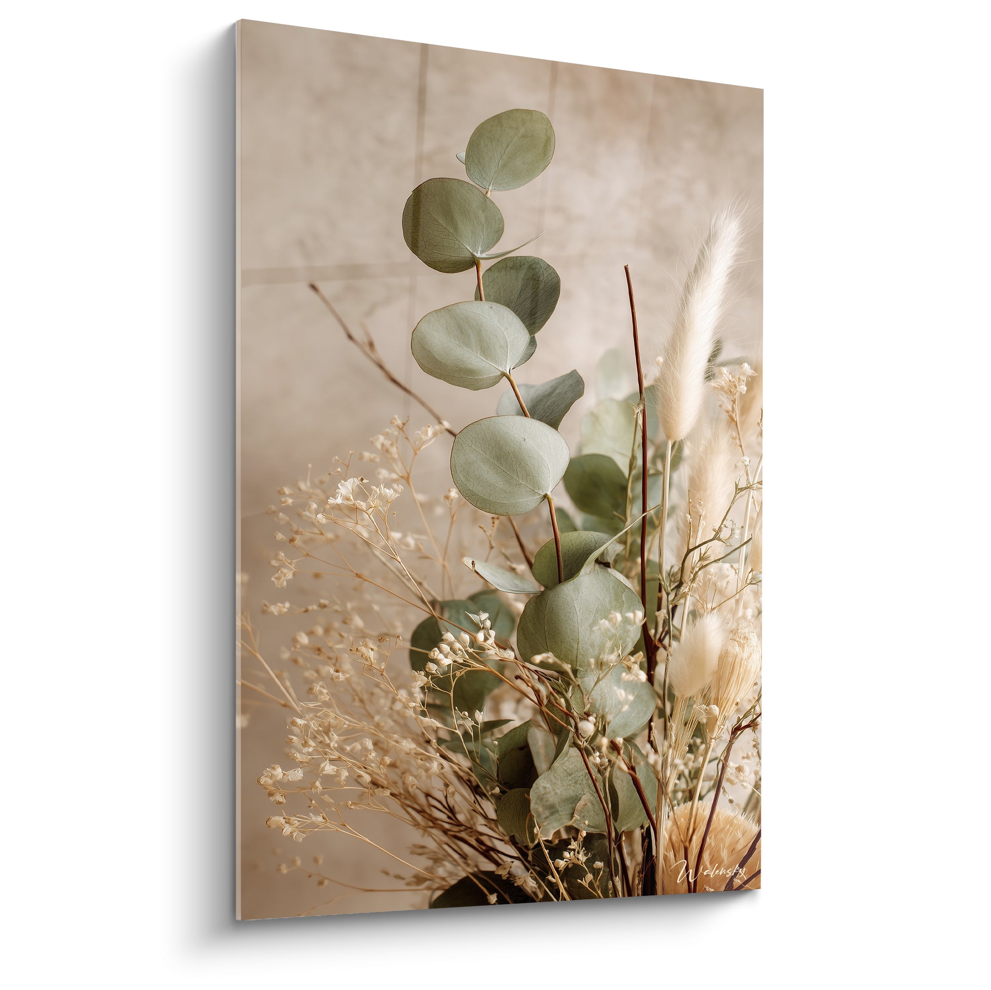 Eucalyptus vert sauge et graminées beige doré composés sur fond beige lin texturé