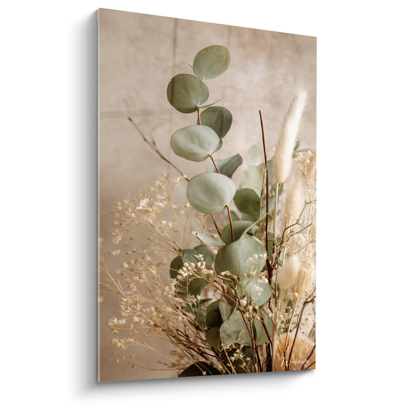 Tableau Eucalyptus vert et beige aux tiges séchées - Bouquet champêtre naturel - Edition fleur nature