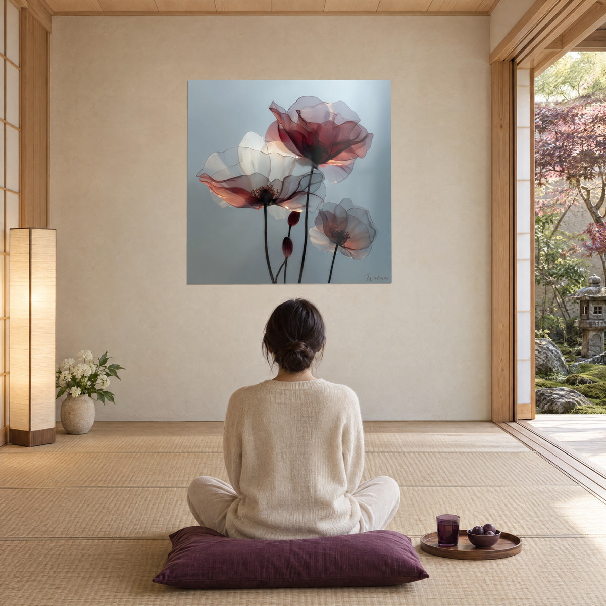 Schilderij gesluierde bloemen in bordeaux en parelgrijs, een vrouw van achteren in kleermakerszit op een pruimkleurig kussen, voor een beige muur