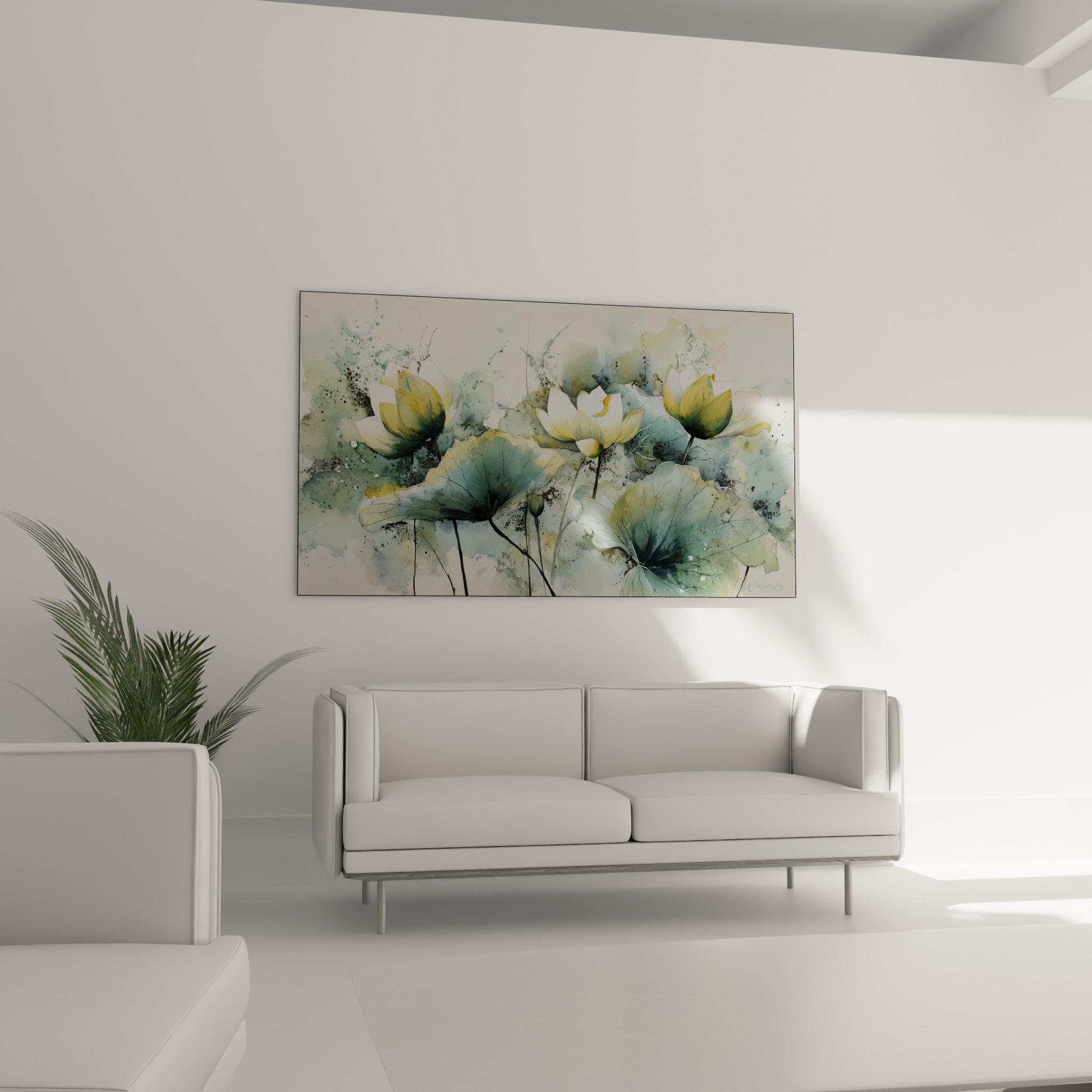Pétales blancs et cœurs dorés de lotus, larges feuilles vert sauge, au-dessus d'un canapé dans un salon lumineux