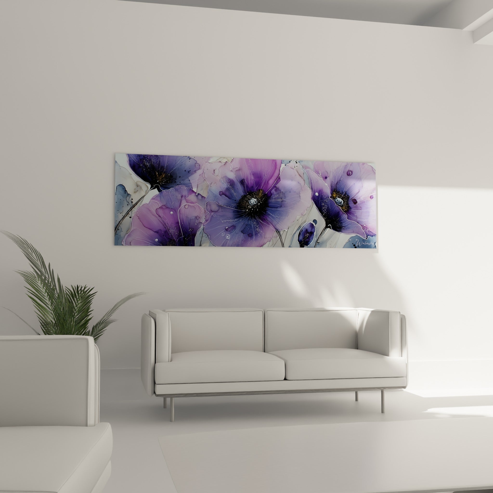Pétales mauves et gris anthracite déployés au-dessus d'un canapé dans un salon lumineux