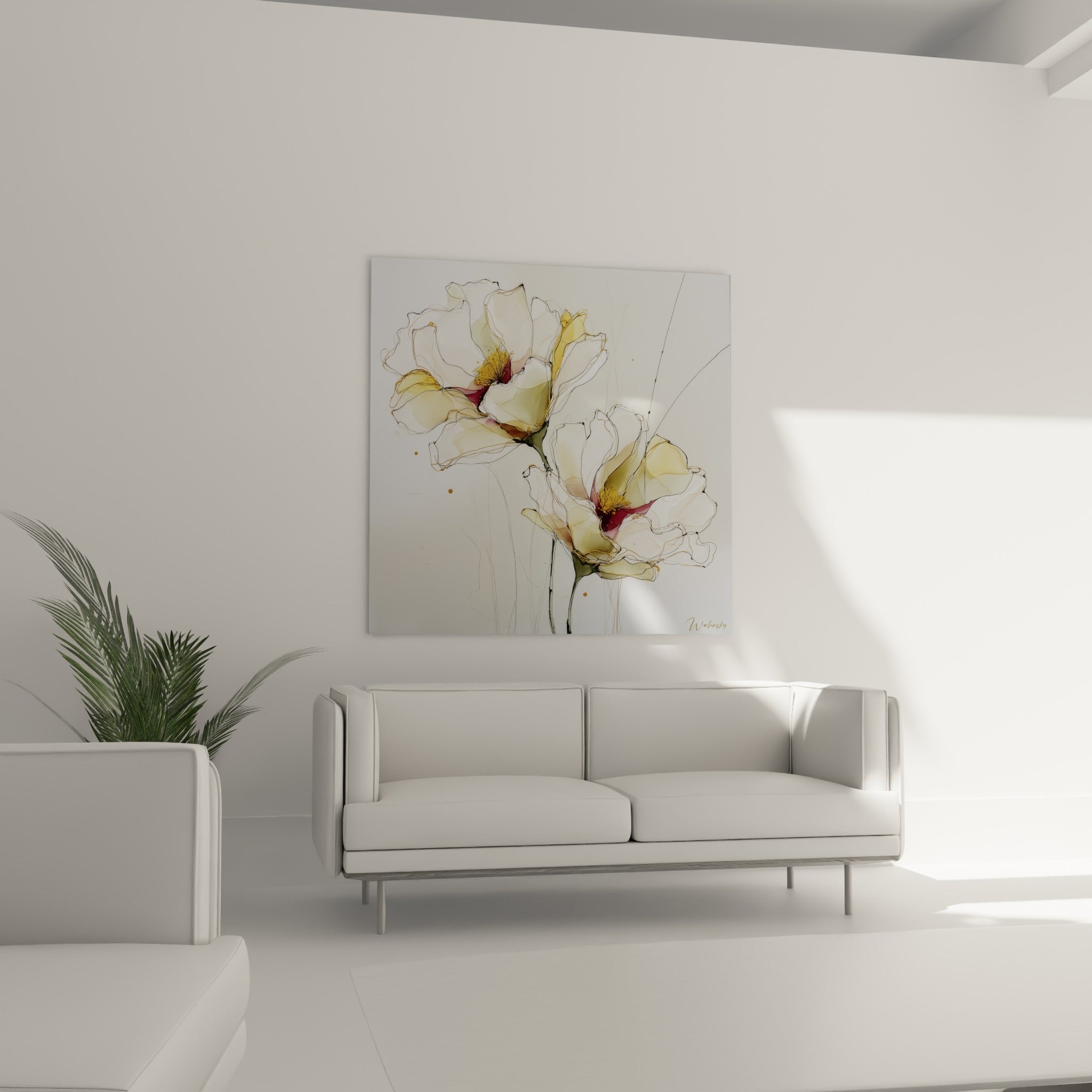 Pétales translucides ivoire et touches bordeaux accrochés au-dessus d'un canapé dans un salon lumineux