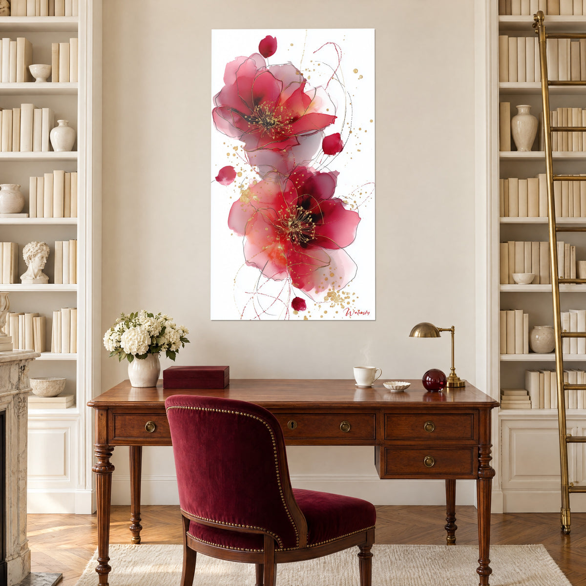 Schilderij met een boeket granaatrode en roze klaprozen op witte achtergrond, verspreide rode knoppen, gouden glans, boven een houten bureau